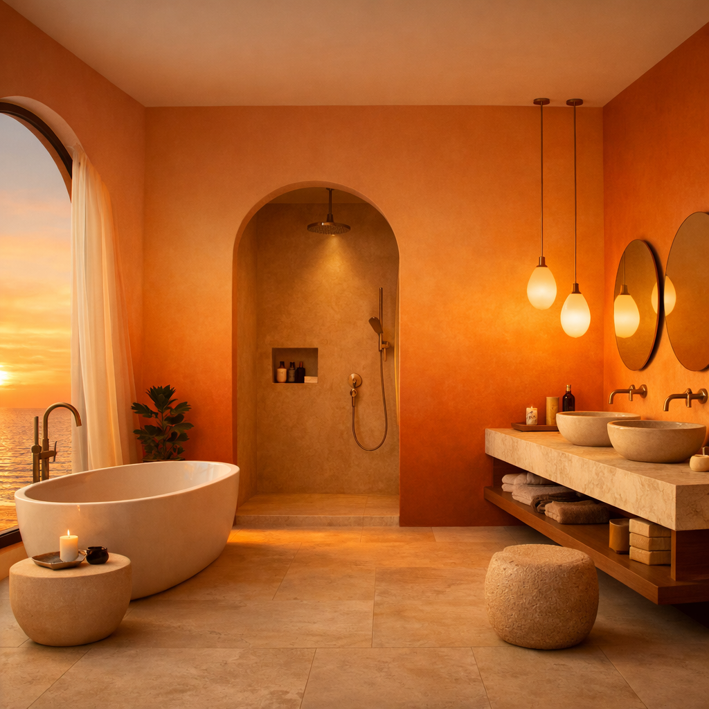 A bathroom featuring sunset gradient orange walls with a modern design.