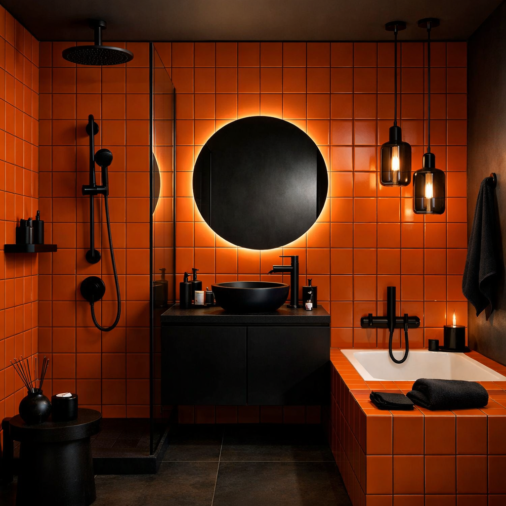 A modern bathroom with orange tiles and black fixtures.