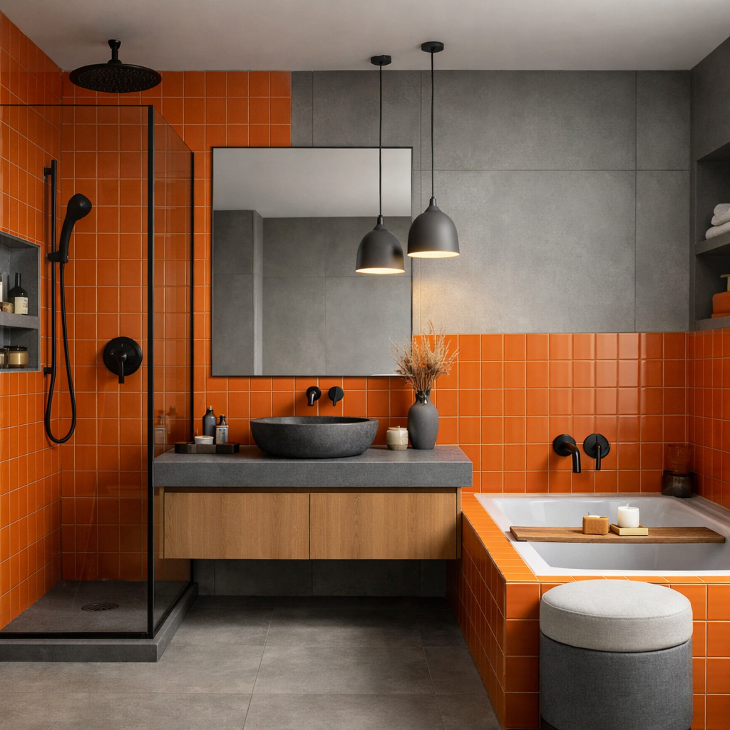 A stylish bathroom featuring vibrant orange tiles paired with gray walls and dark fixtures.