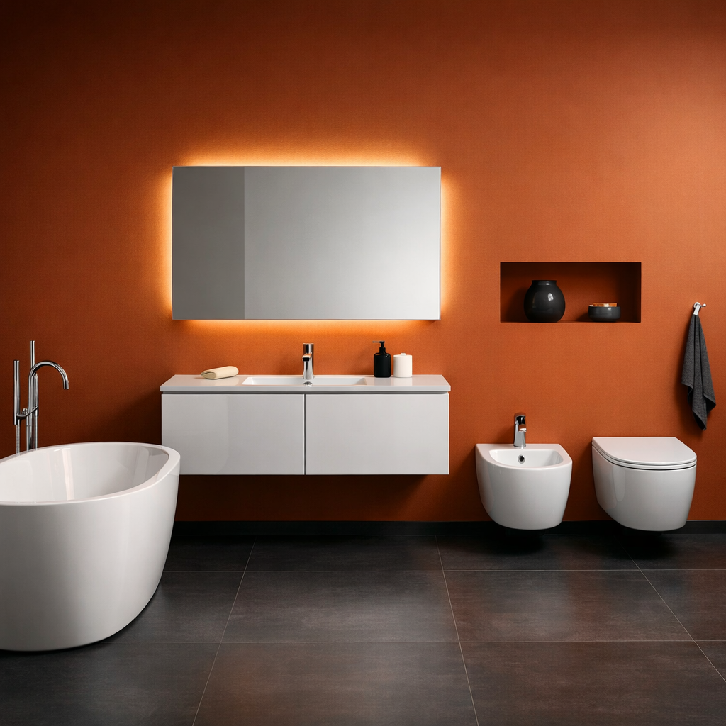 A modern bathroom featuring sleek white fixtures against a dark orange wall