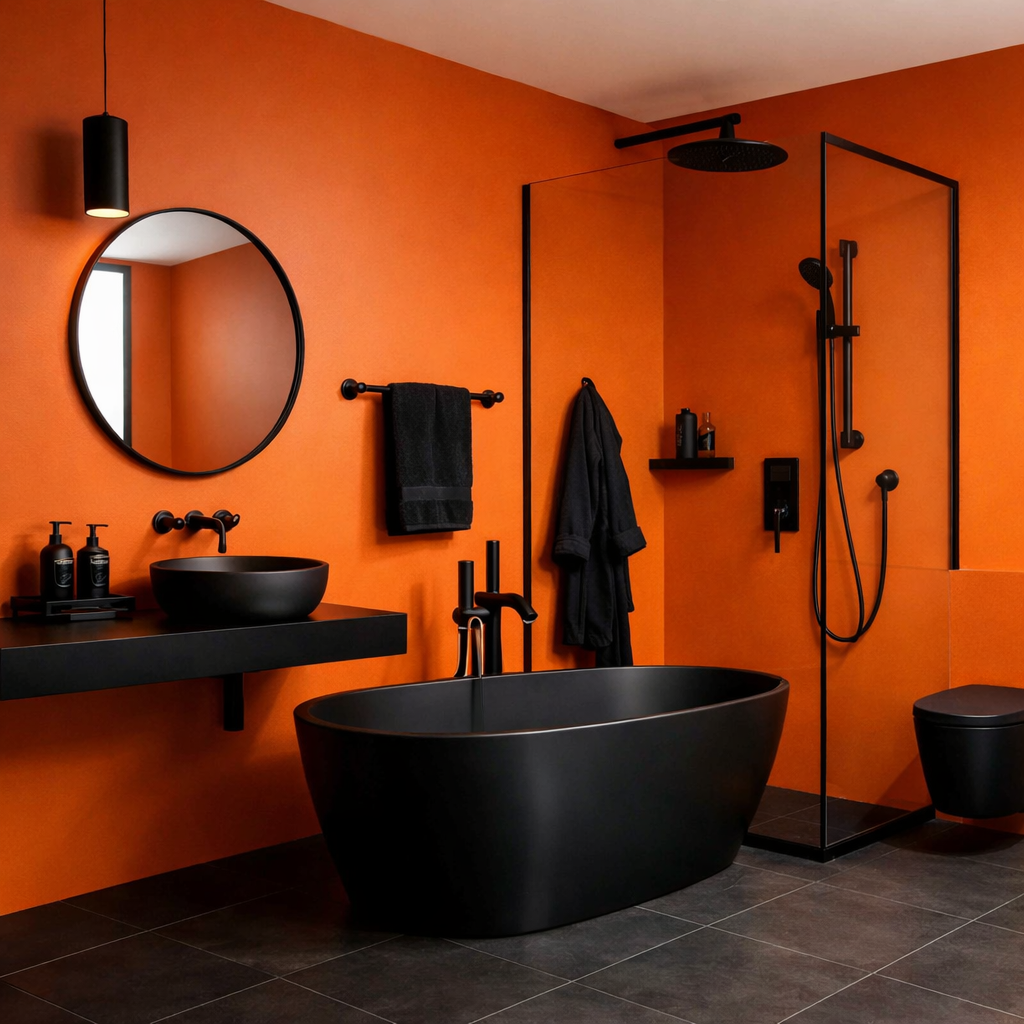 A modern bathroom featuring bright orange walls and contrasting black fixtures.