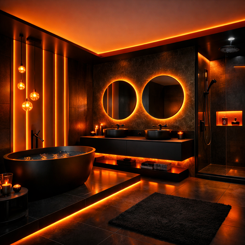Modern orange and black bathroom with ambient lighting and stylish fixtures.