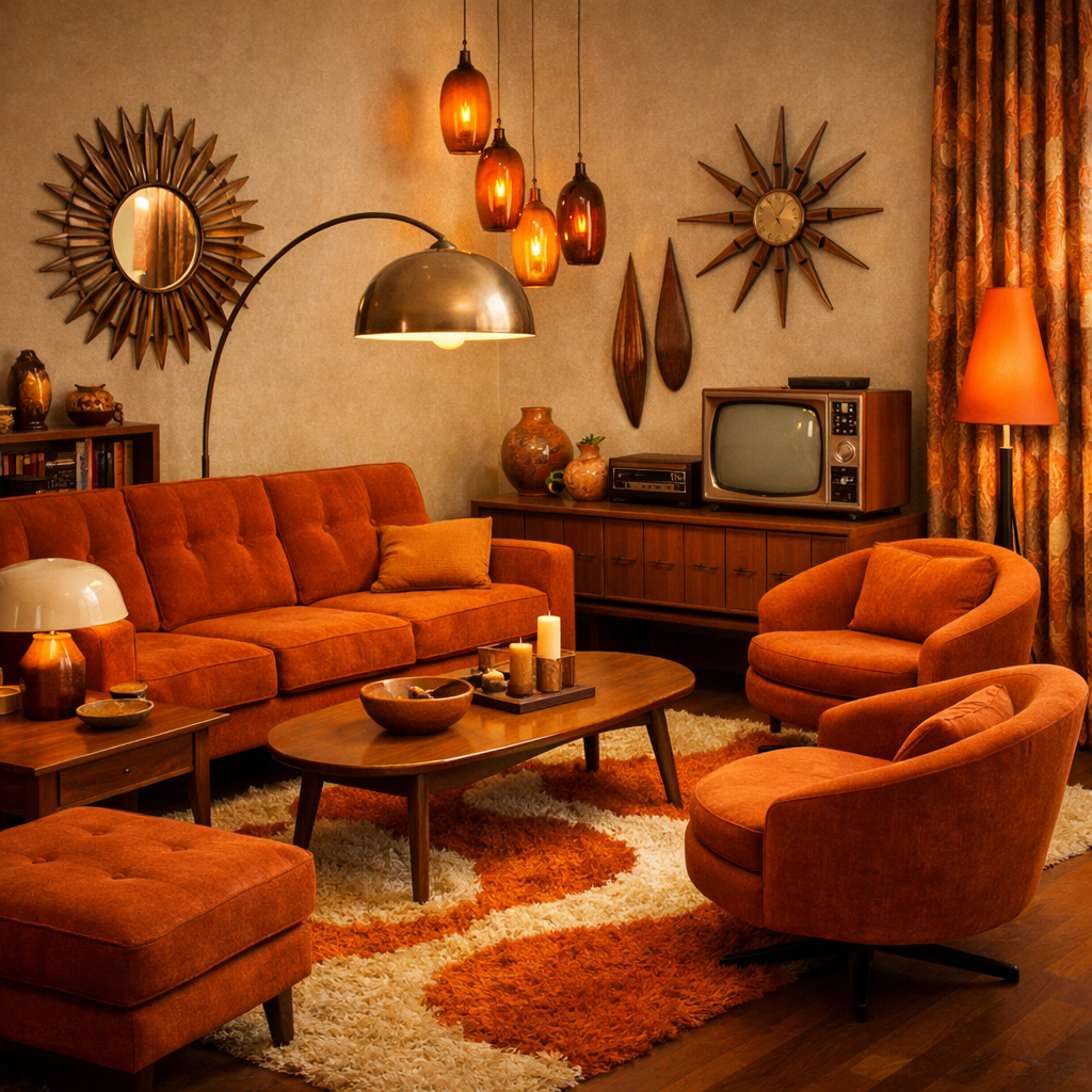 A cozy living room with a burnt orange couch, vintage decor, and warm lighting.