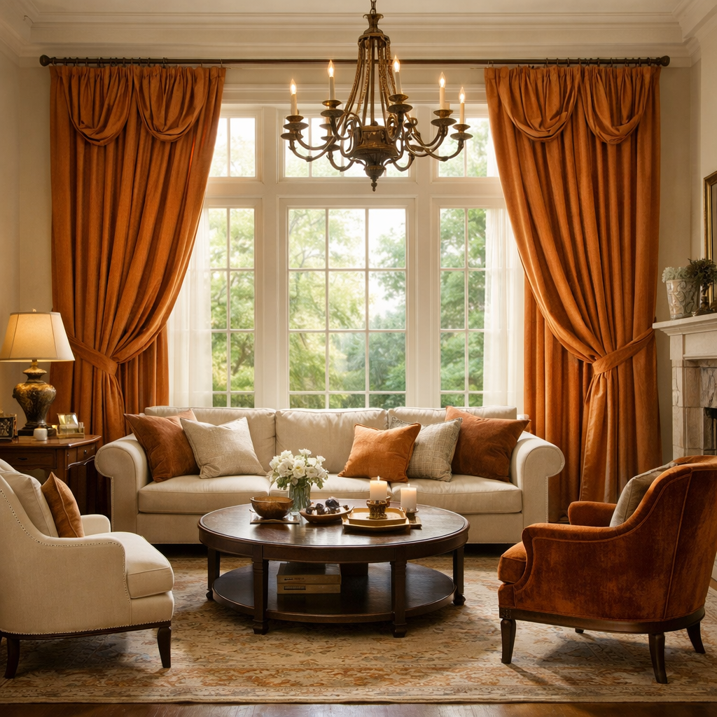Elegant living room with orange curtains framing large windows, cream sofa, and stylish decor.