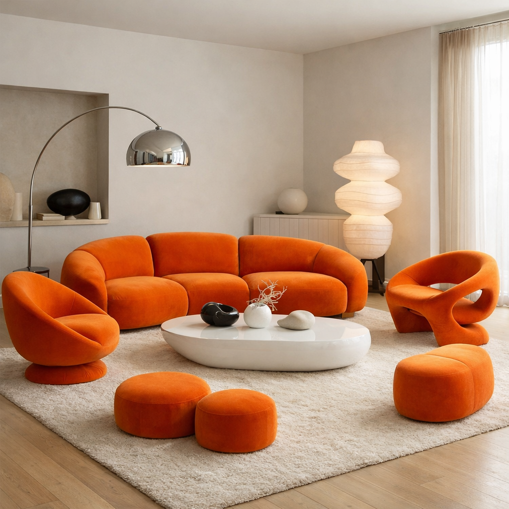 A stylish living room featuring orange furniture pieces, including a curved sofa, accent chairs, and a white coffee table.
