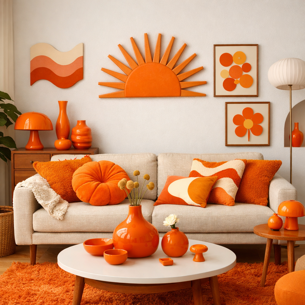 A vibrant living room decorated with playful orange accessories including cushions, vases, and wall art.