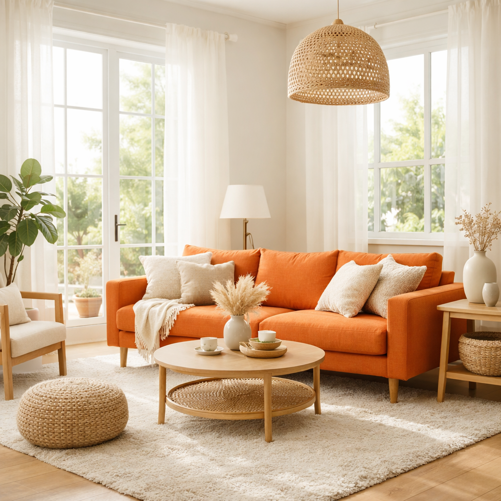 Bright living room featuring an orange couch, large windows, and natural decor