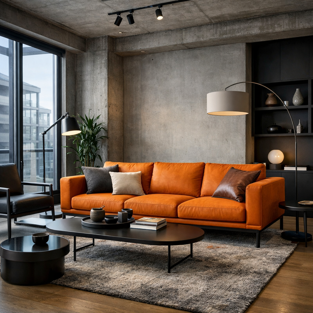 A contemporary living room featuring an orange couch, modern furniture, and large windows.