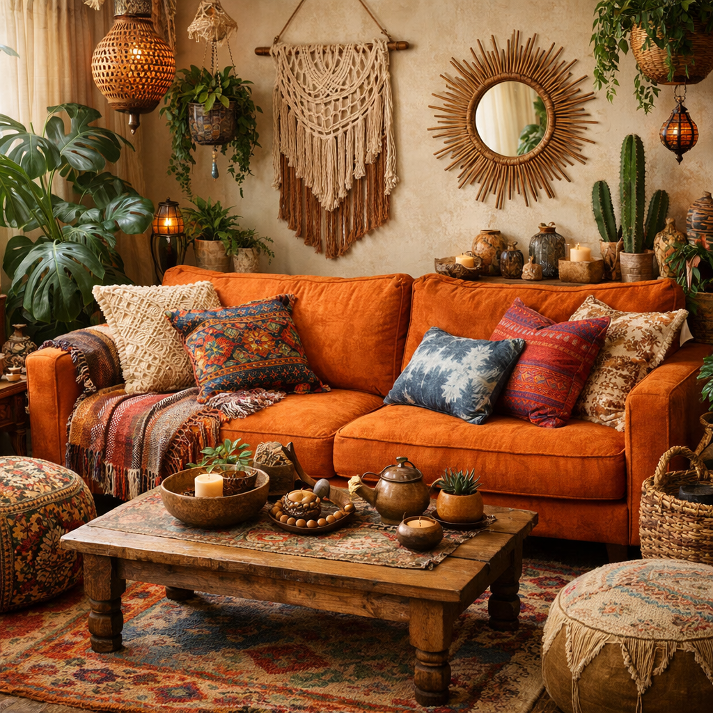 Cozy bohemian living room with an orange couch, colorful pillows, and natural decor.