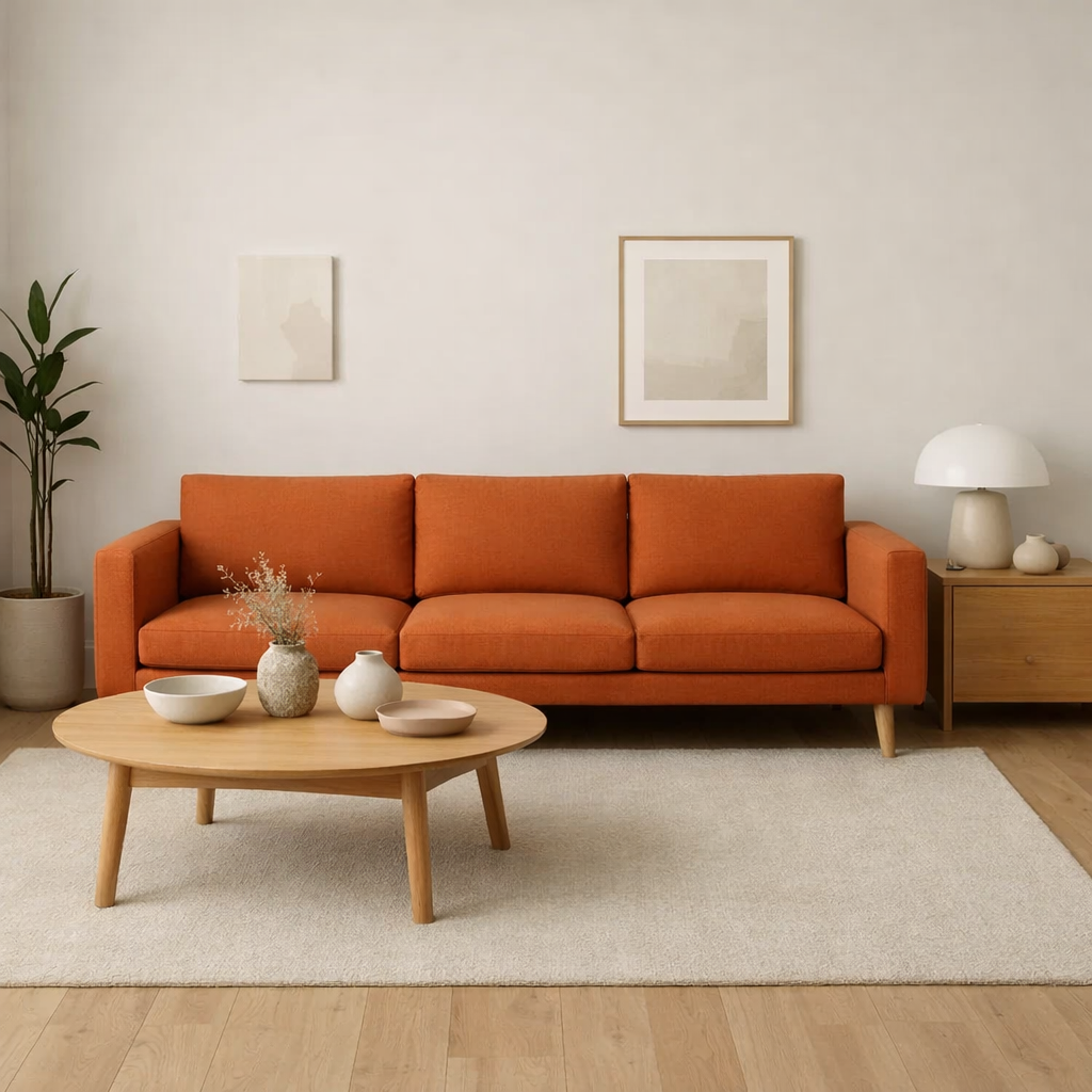 A cozy living room featuring an orange couch, wooden coffee table, and minimalist decor.