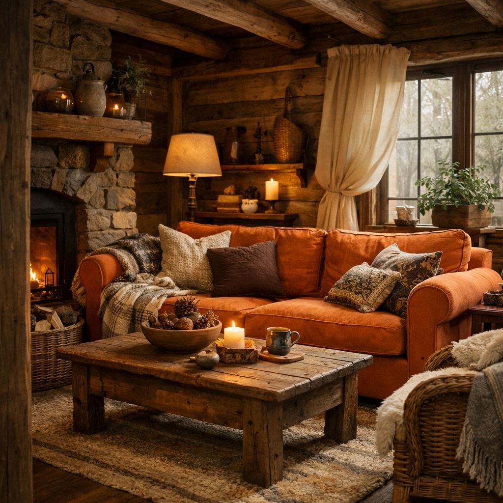 A cozy living room with an orange couch, rustic wooden furniture, and a stone fireplace.