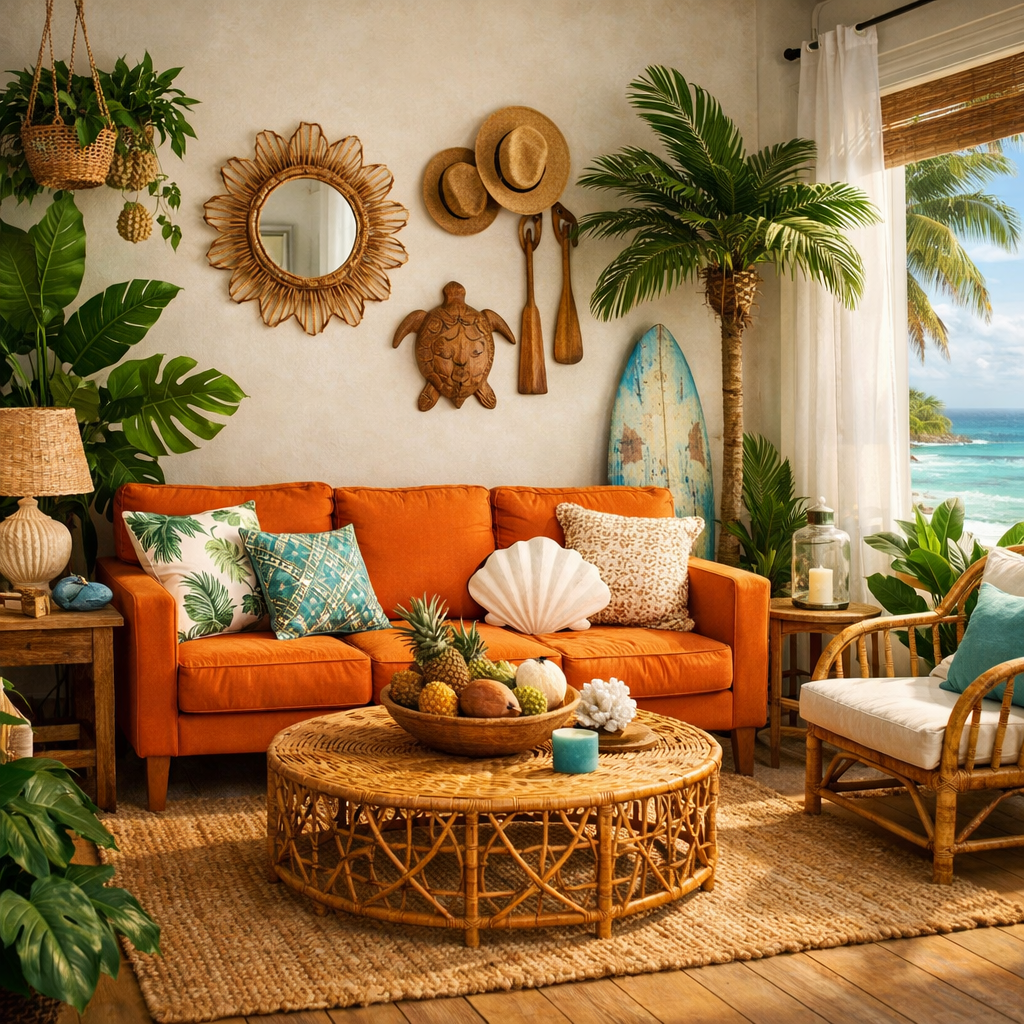 Cozy tropical living room with an orange couch, plants, and ocean view.