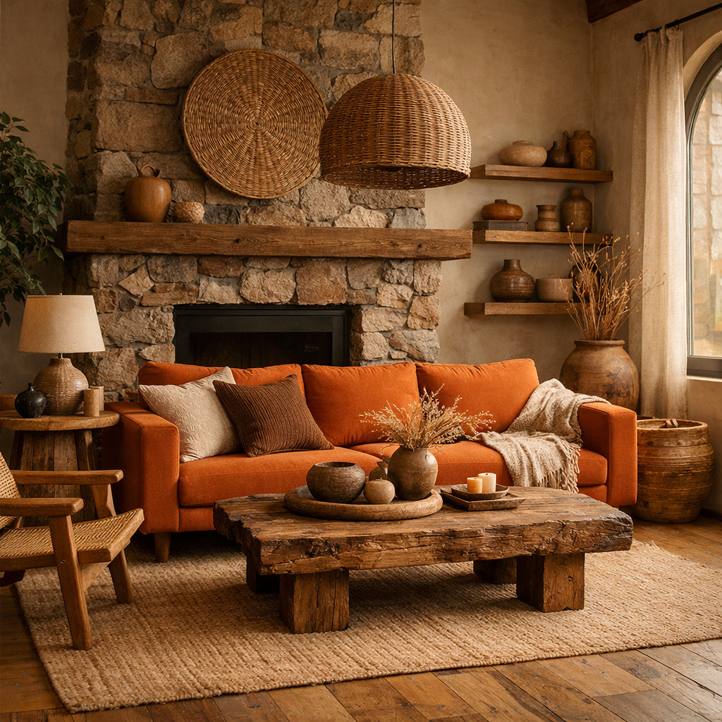 A cozy living room featuring an orange couch, stone fireplace, wooden coffee table, and earthy decor.