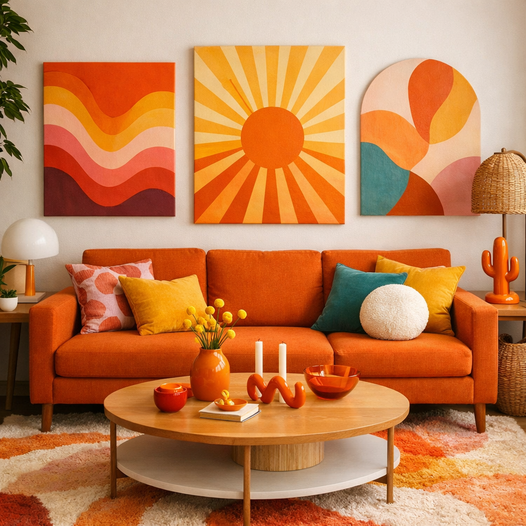 Living room featuring an orange sofa with colorful artwork and accessories