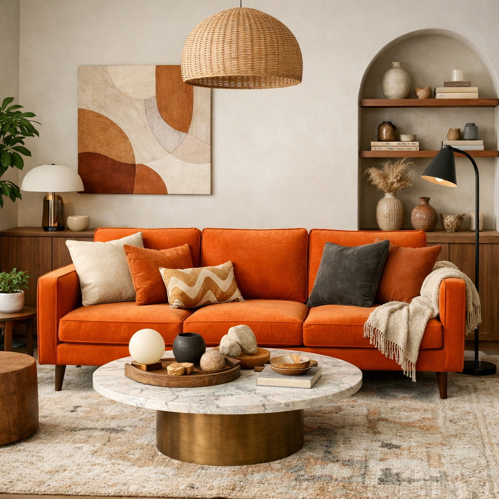 Stylish living room featuring an orange sofa, round coffee table, and warm decor elements.