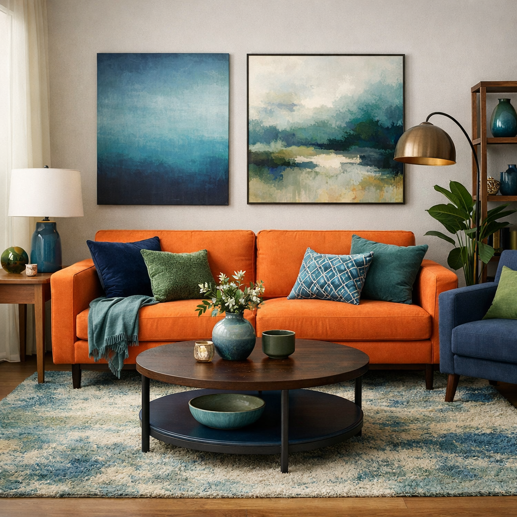 A stylish living room featuring an orange sofa, with blue and green accents, framed artwork, and a wooden coffee table.