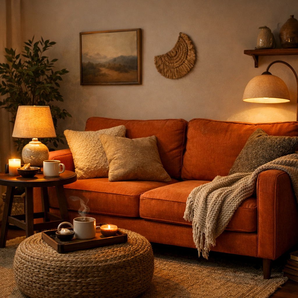 A cozy living room featuring an orange sofa with decorative cushions, a warm lamp, and a braided pouf