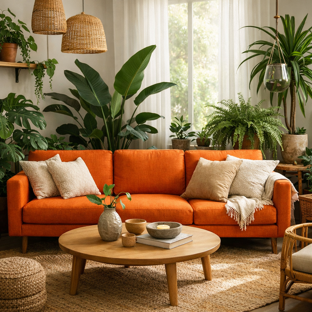A bright orange sofa surrounded by various houseplants in a cozy living room setting.