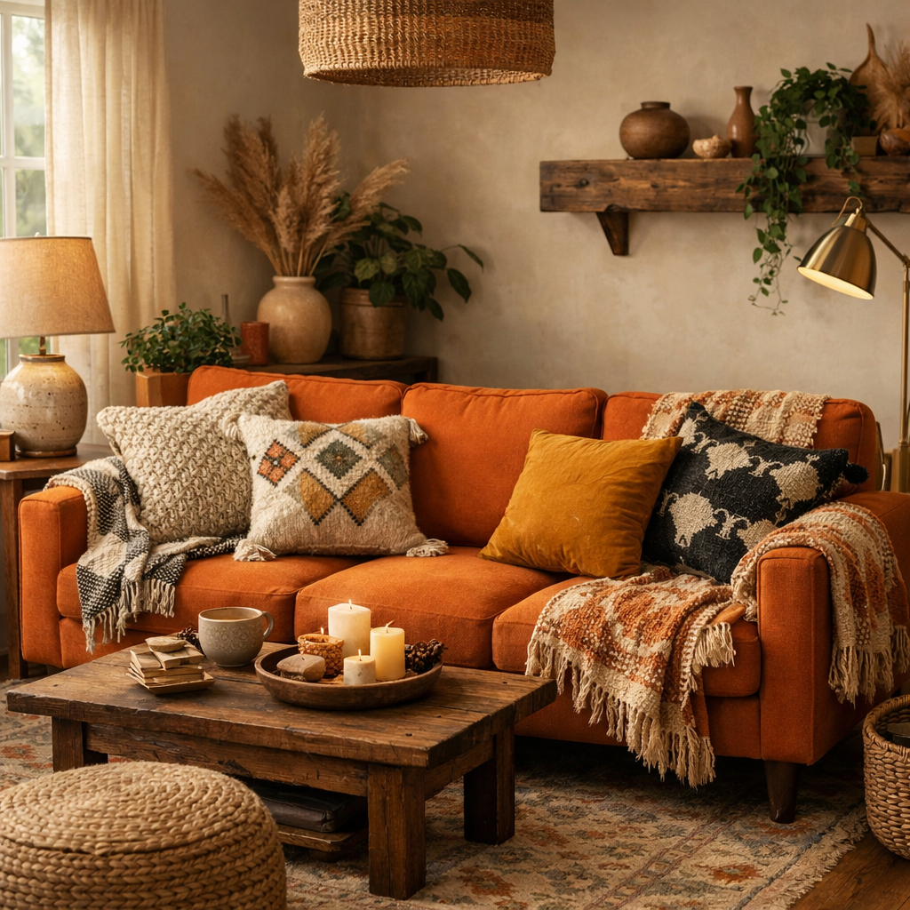 A cozy living room featuring an orange sofa with various textured pillows, a rustic wooden coffee table, and decorative items