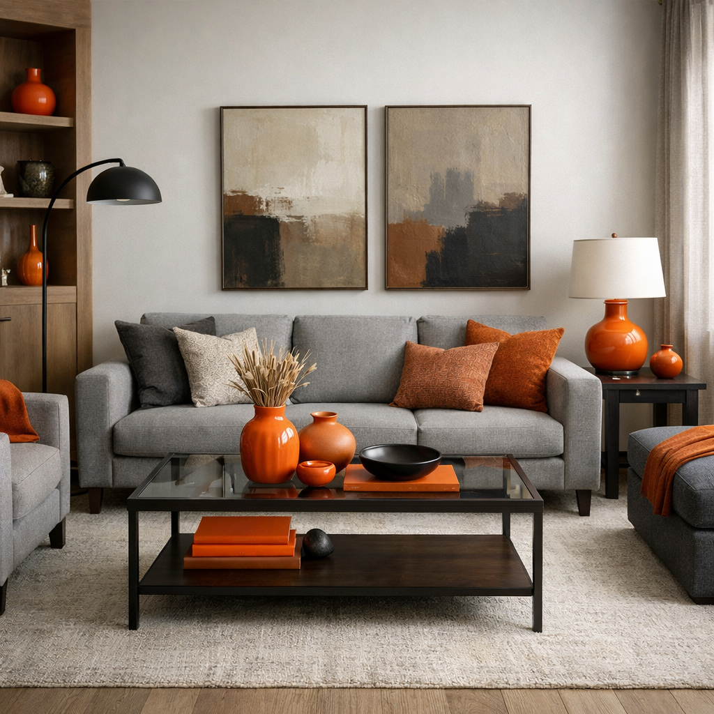 A modern living room featuring grey furniture accented with orange decor accents.