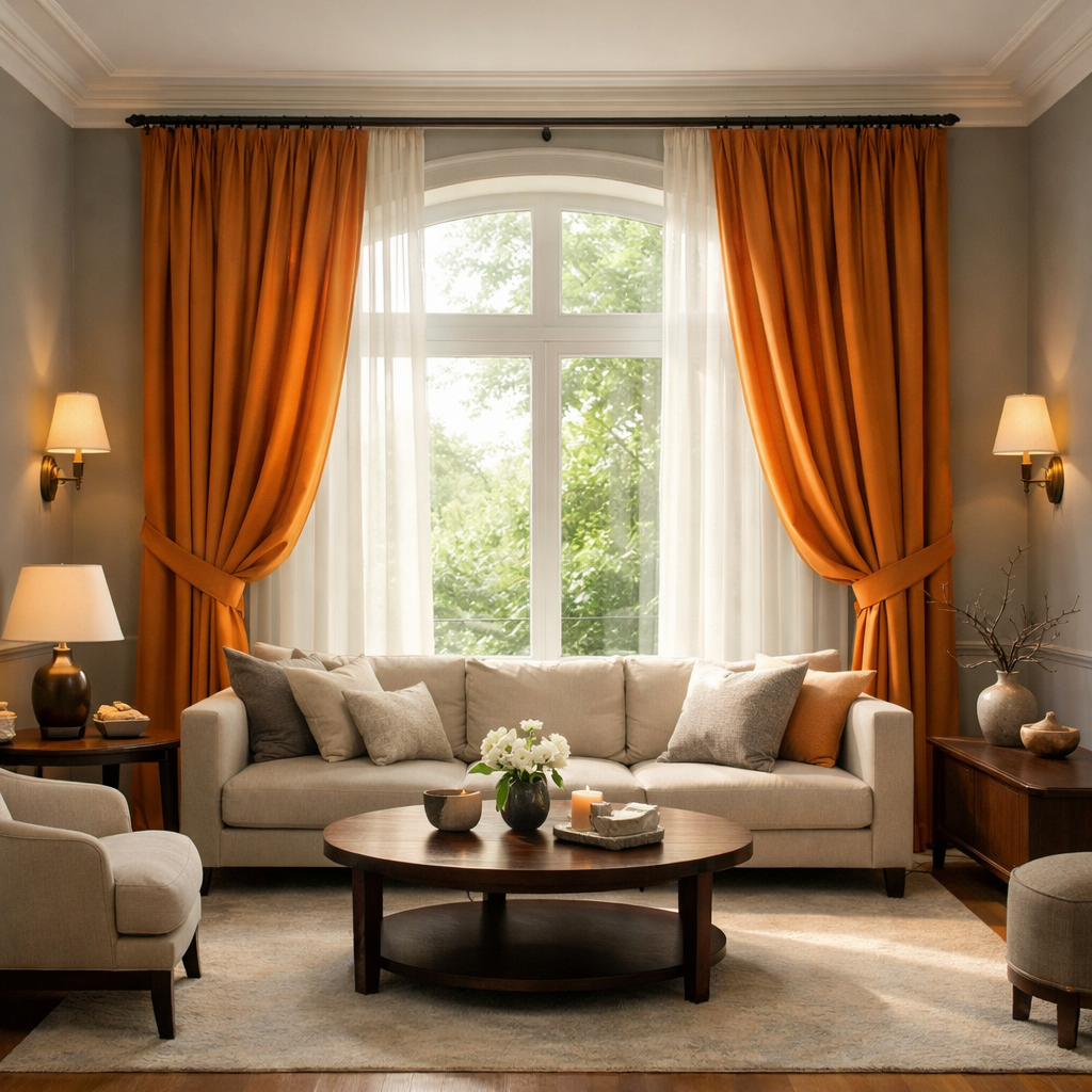 Living room with orange curtains and grey walls, featuring a light sofa, round coffee table, and warm decorative elements.