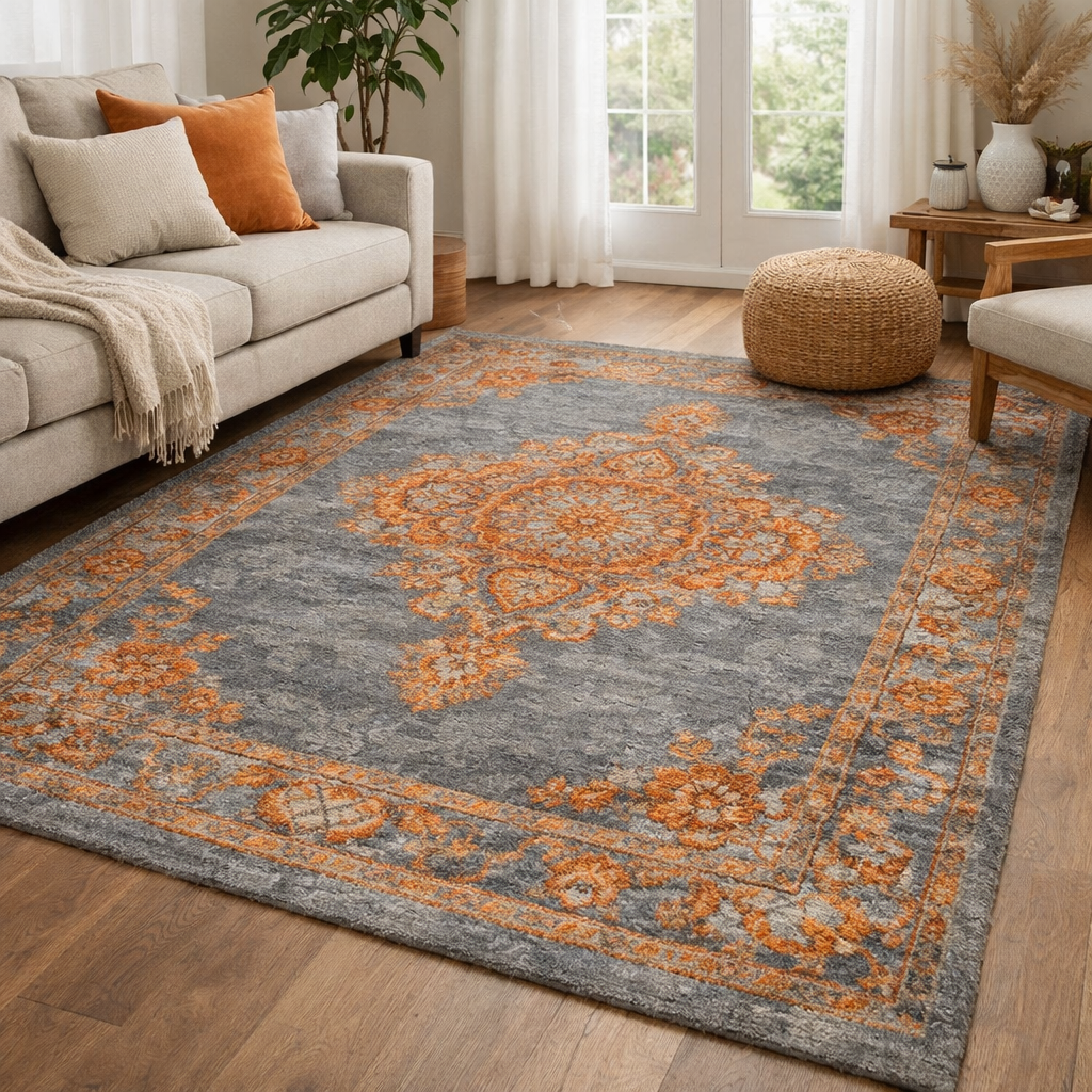 Textured grey rug with orange patterns in a living room setting