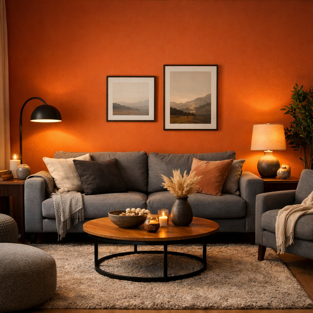 Cozy living room with an orange accent wall, grey furniture, and warm lighting.