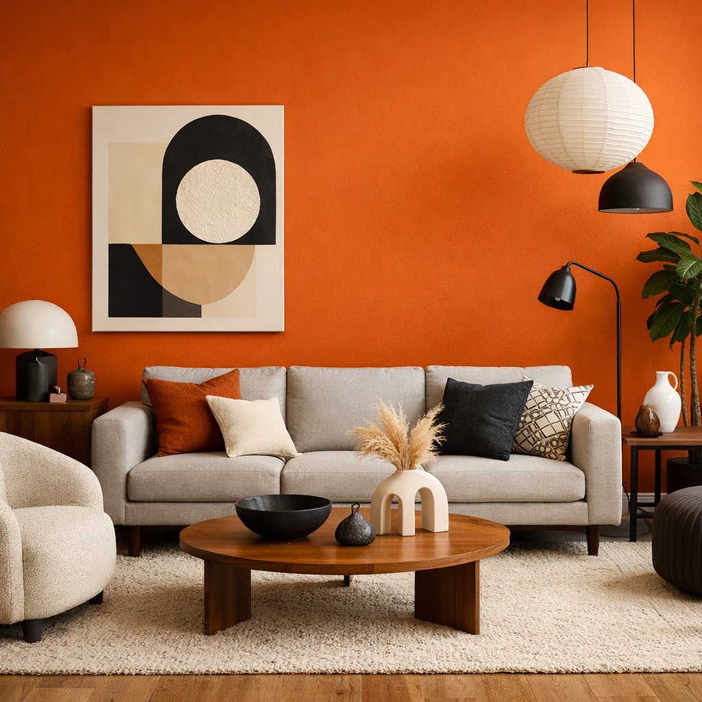 Living room featuring an orange accent wall, grey couch, and wooden furniture