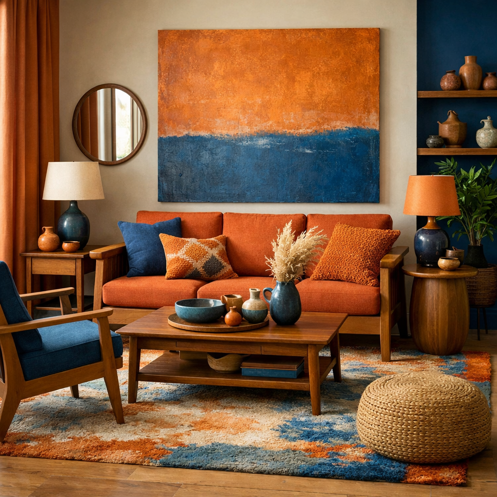 A stylish living room featuring an orange sofa and blue decor with wooden furniture.