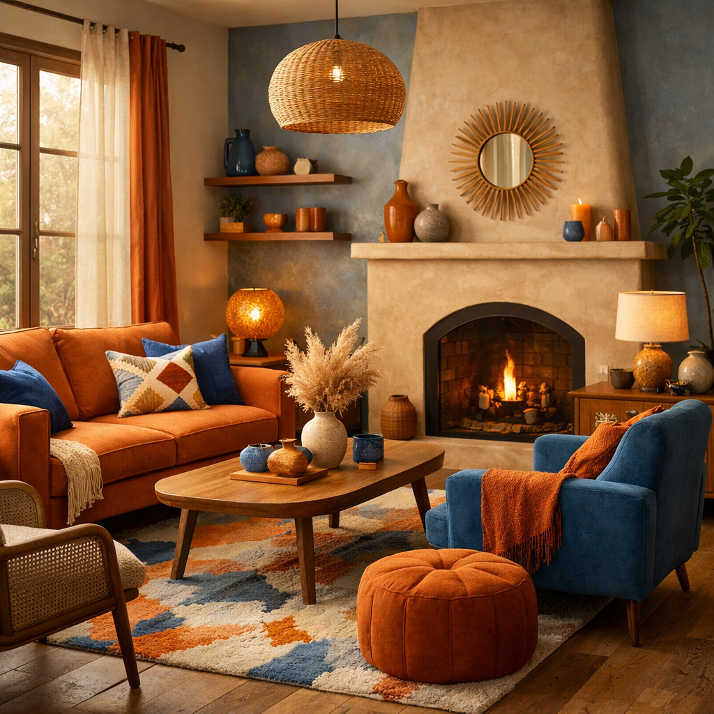 Cozy living room with orange and blue decor, featuring a plush orange sofa, blue accents, a warm fireplace, and woven elements.