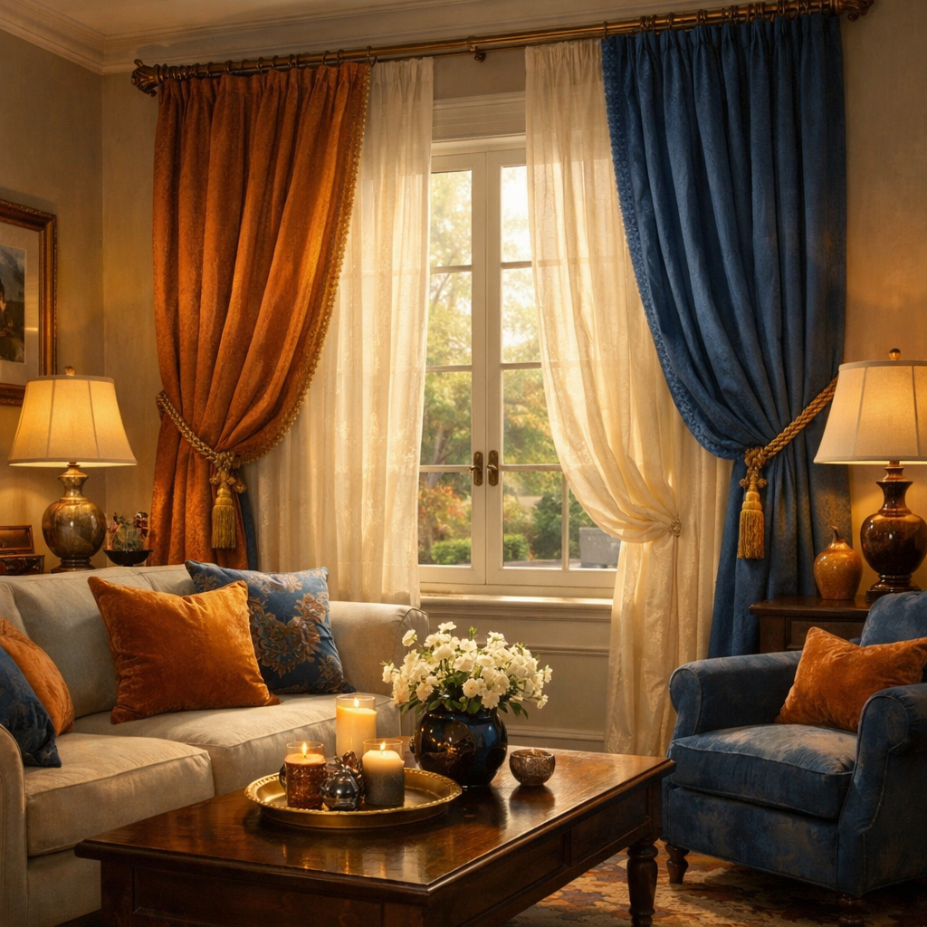 A living room featuring stylish orange and blue curtains, a cozy sofa, and elegant decor.