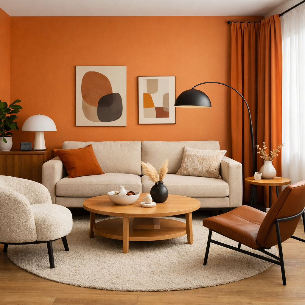 A living room with an orange accent wall, beige sofa, and stylish decor.