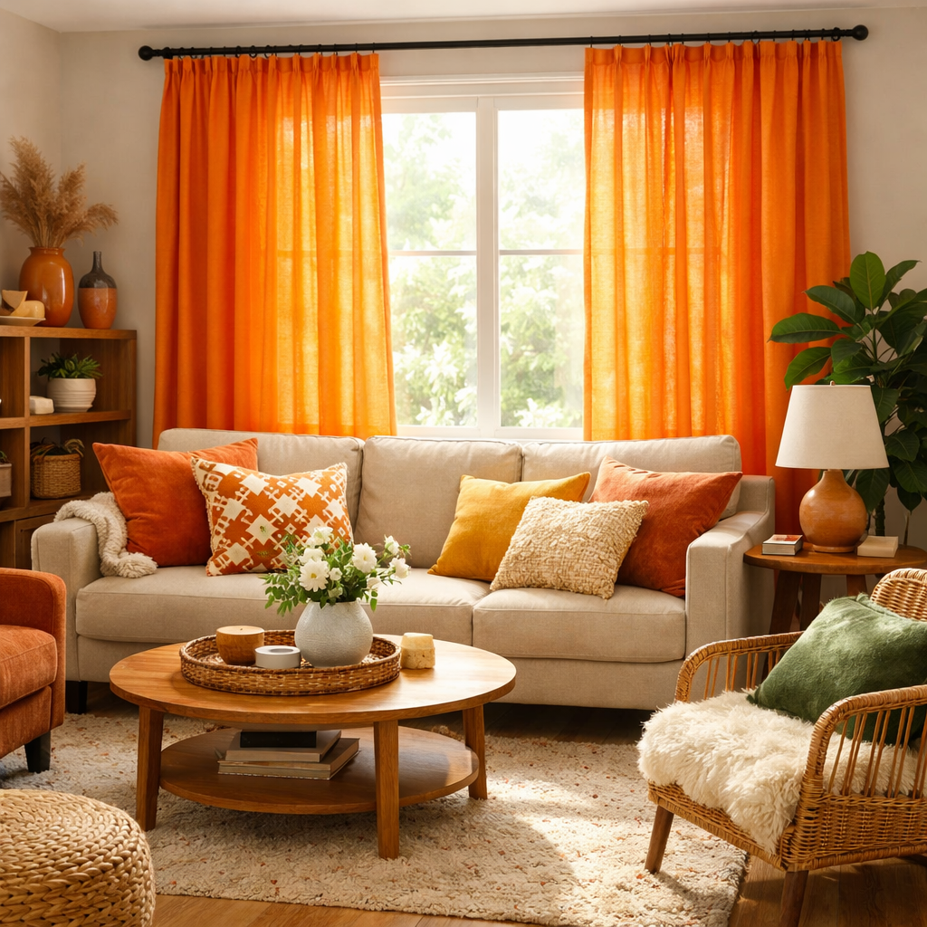A cozy living room featuring bright orange curtains, a light sofa, decorative pillows, and a wooden coffee table.