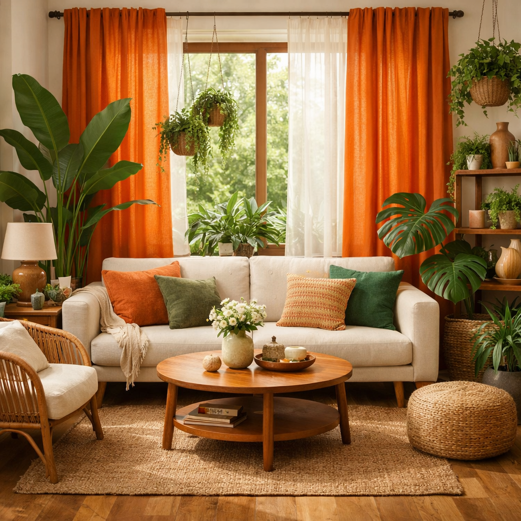 Living room with orange curtains and various greenery
