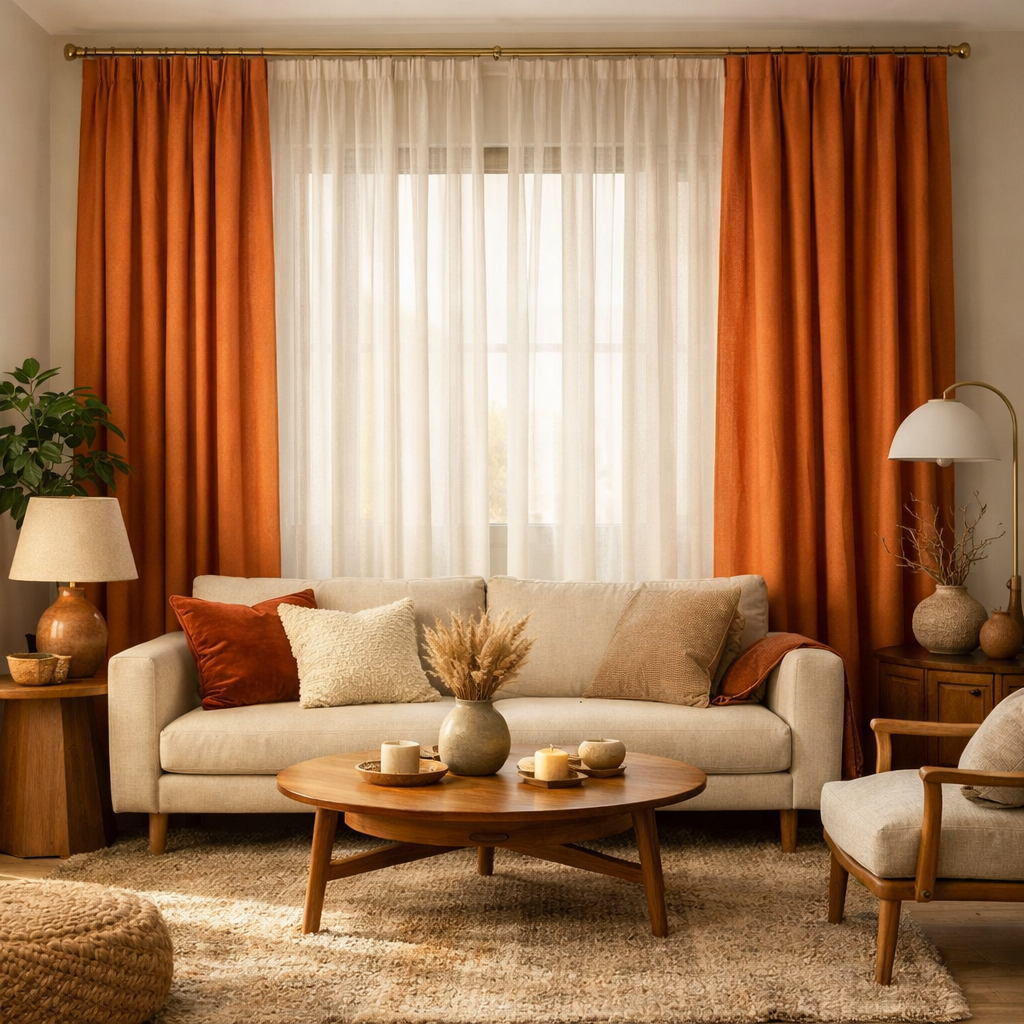 A cozy living room featuring orange curtains, a light-colored sofa, rustic wooden furniture, and decorative cushions.
