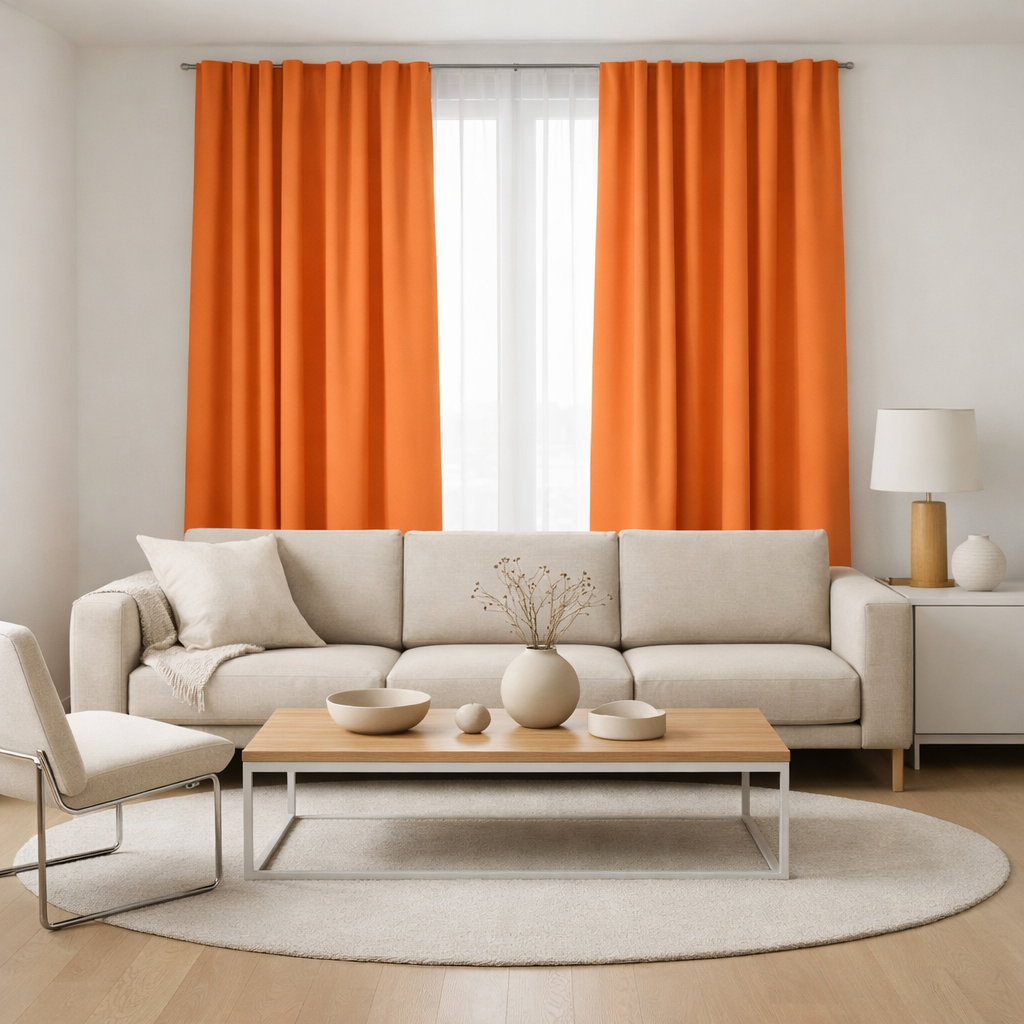 A minimalist living room featuring orange curtains, a beige sofa, and a wooden coffee table.