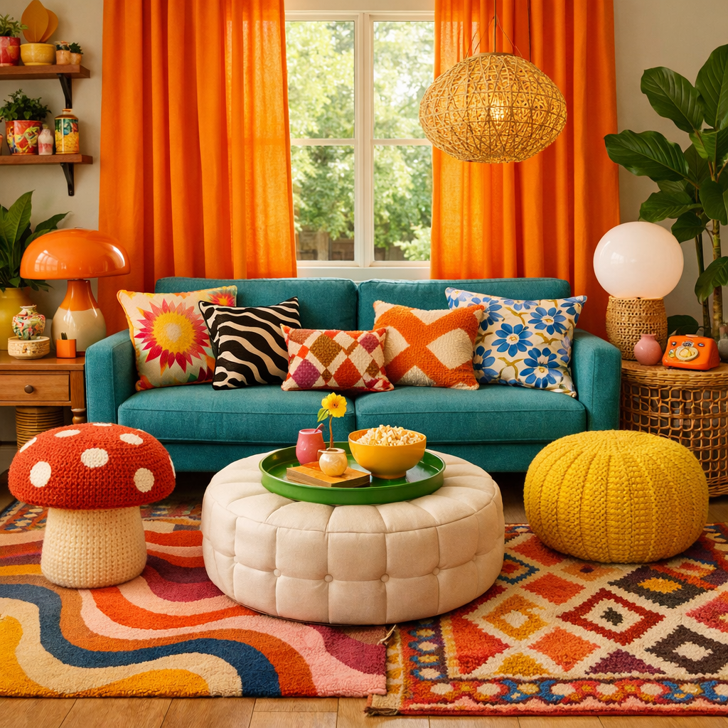 A colorful living room with orange curtains, a teal couch, and various patterned pillows.