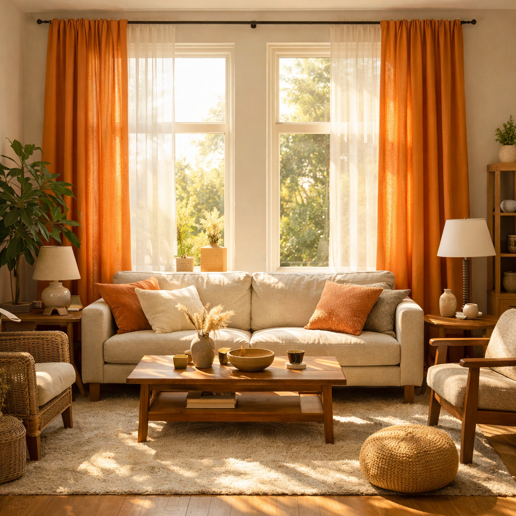 A cozy living room with large windows adorned with orange curtains, filled with natural light and stylish decor.