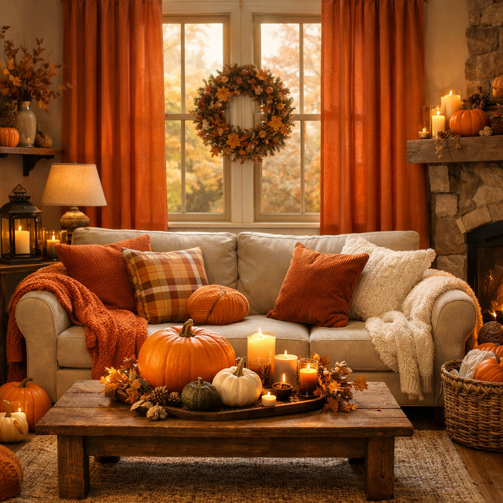 A cozy living room with orange curtains, pumpkins, and candles.