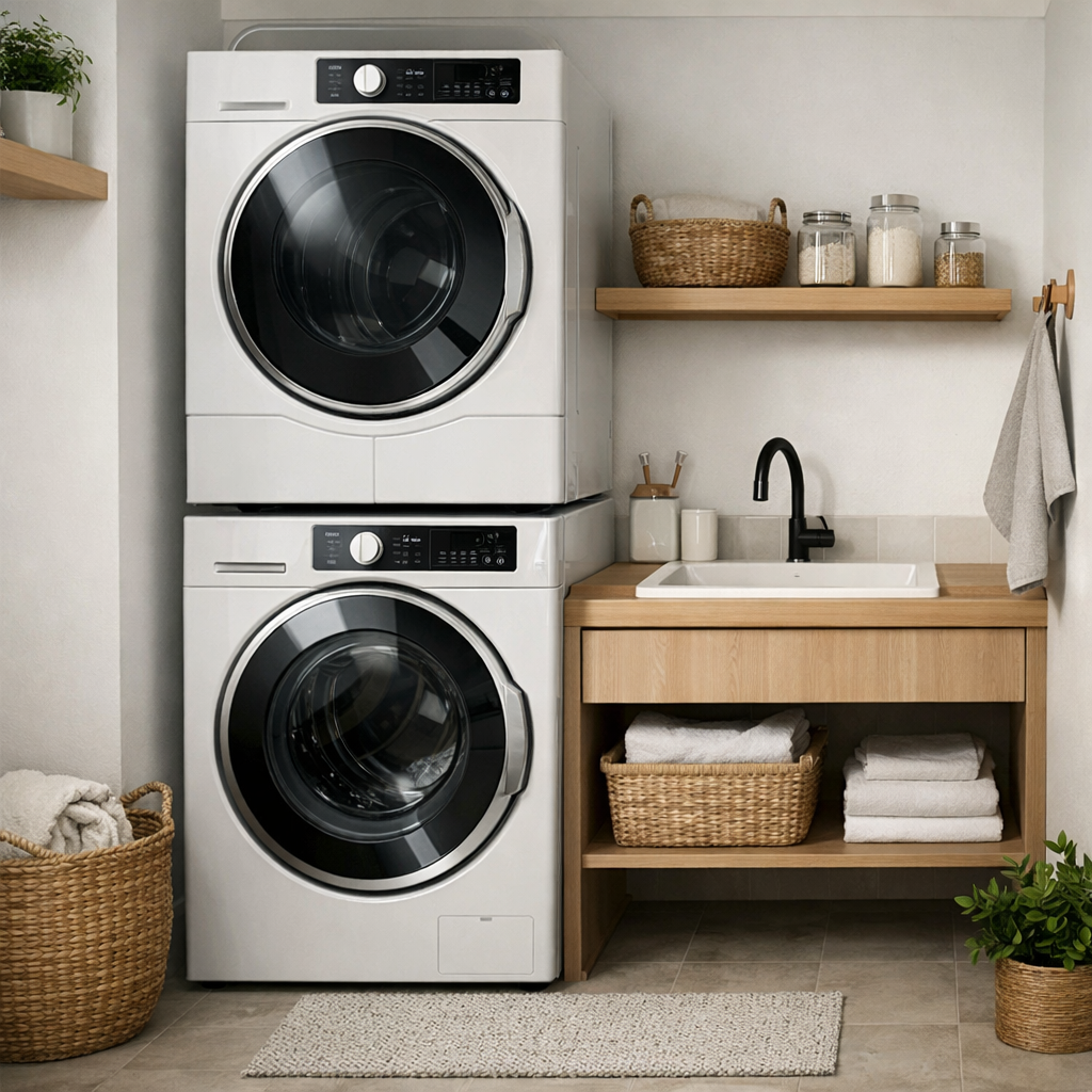 A compact laundry room featuring a stacked washer and dryer, wooden countertop, baskets, and decorative elements.