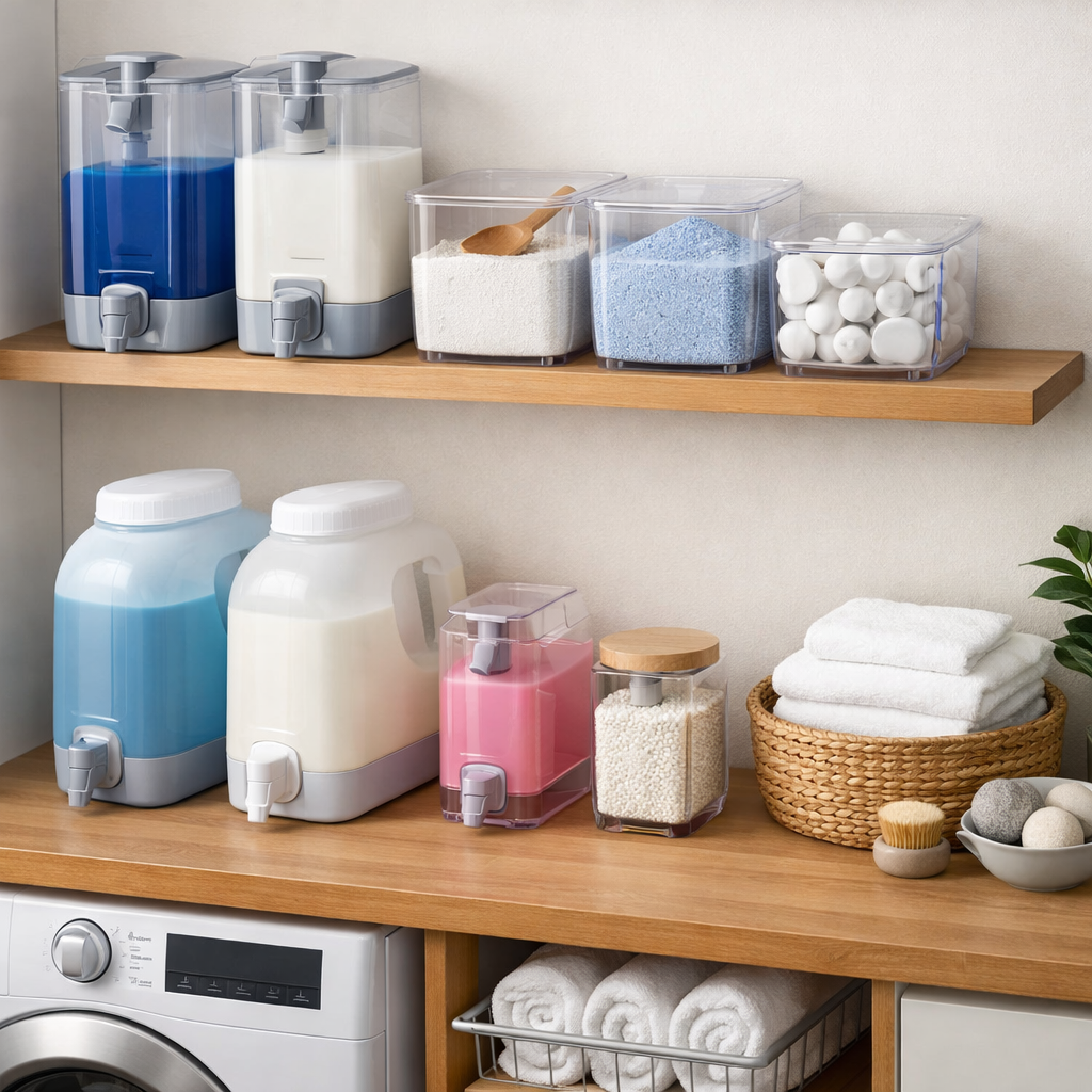 A neat laundry shelf showcasing various storage containers for detergents and laundry essentials.