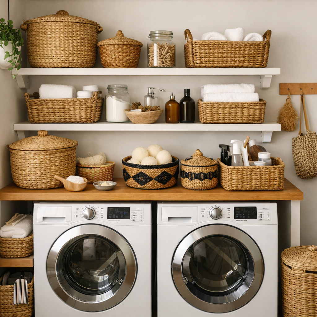 A well-organized small laundry room showcasing decorative woven baskets on shelves, with a warm and inviting atmosphere.