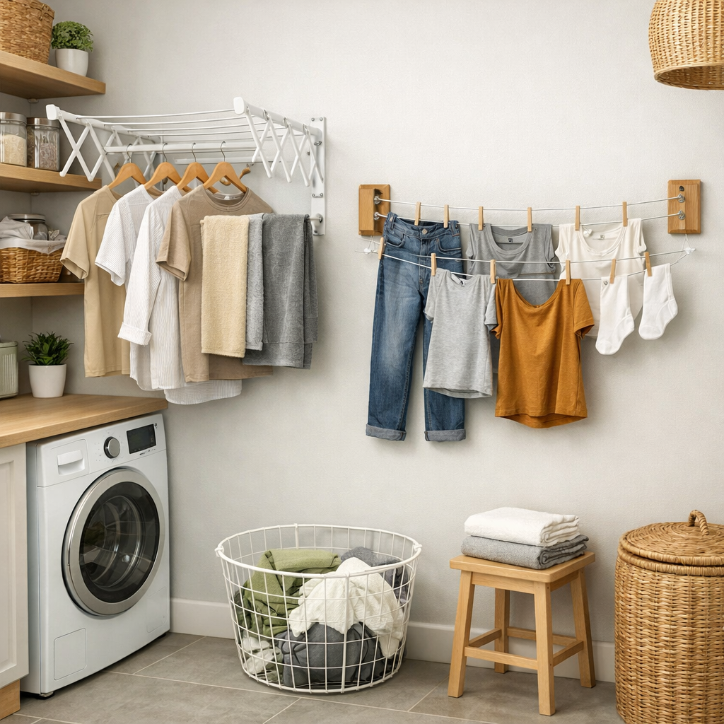 A small laundry room with a wall-mounted drying rack, clothesline, washing machine, and a laundry basket.