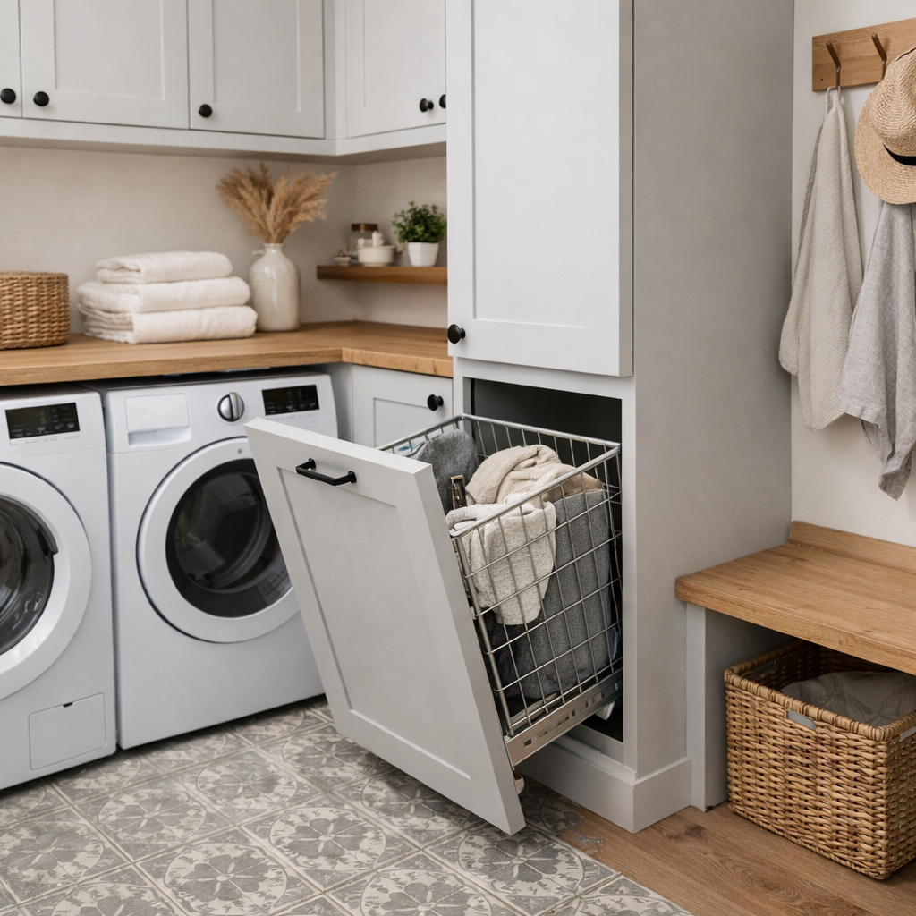 A modern small laundry room with a hidden hamper, featuring white cabinets, a wire laundry basket, and neatly stacked towels.
