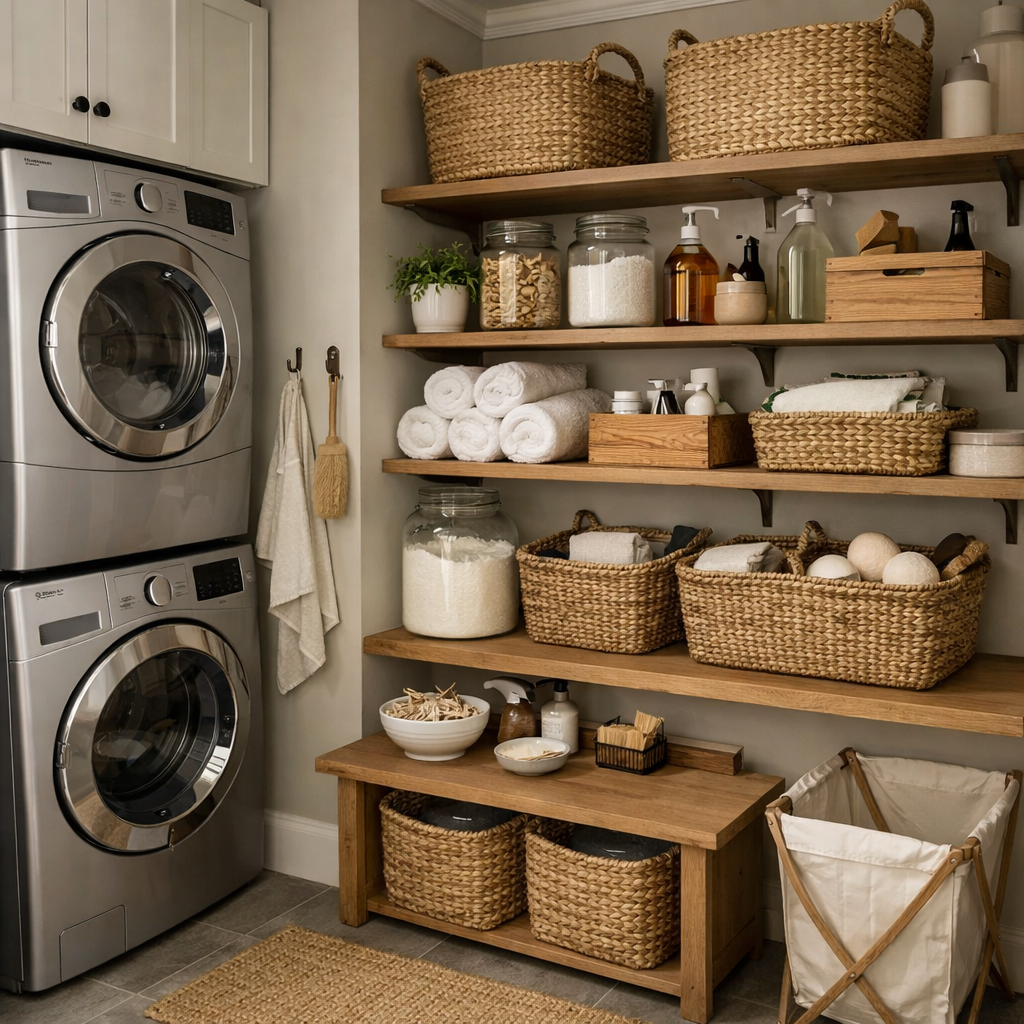 A small laundry room with stacked washer and dryer, and wooden shelves filled with woven baskets and jars.