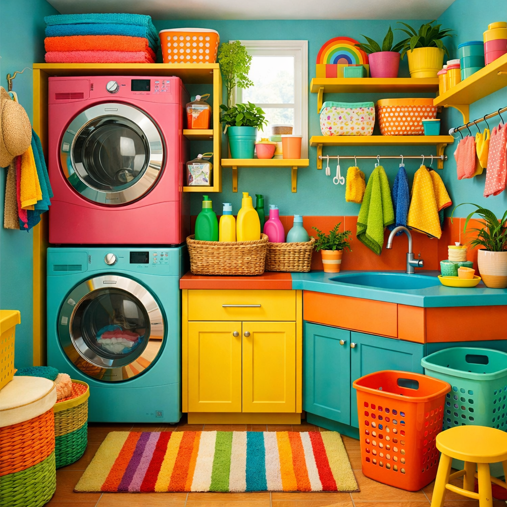 A colorful and organized small laundry room featuring pink and turquoise appliances, with bright shelves and vibrant decor.