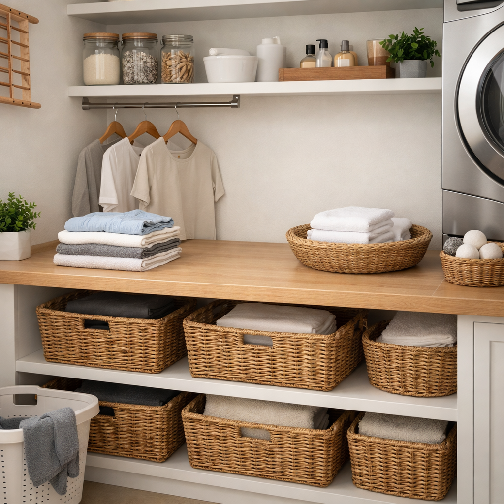A small laundry room featuring a folding station with clean folded towels, a hanging rod with clothes, and baskets for organized storage