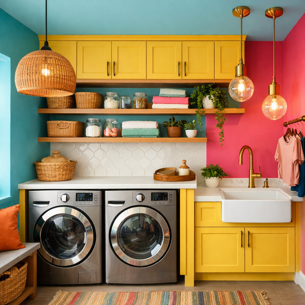 Colorful and stylish small laundry room with stackable washer and dryer