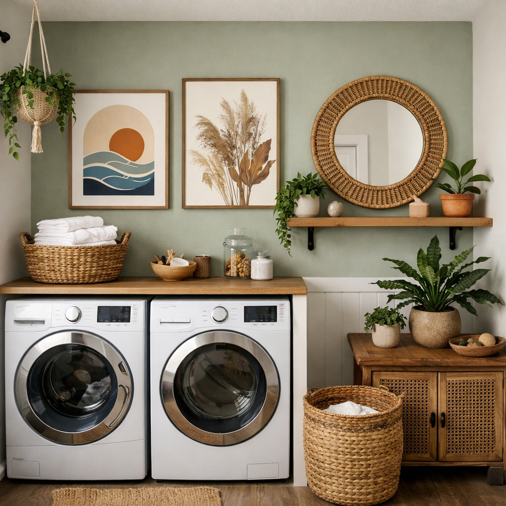 Decorative elements in a small laundry room with stackable washer and dryer, featuring art, plants, and woven baskets.