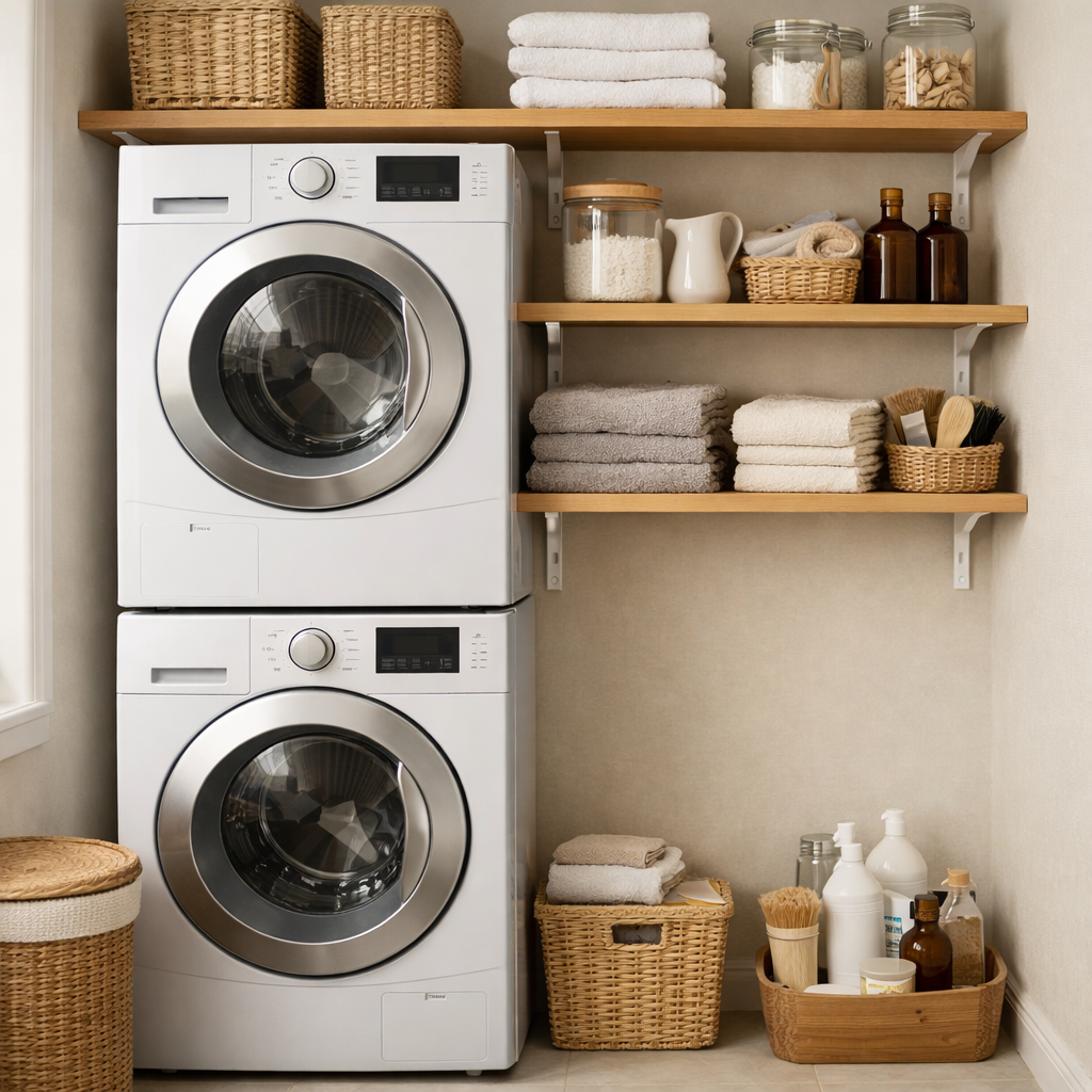 A small laundry room featuring stacked washer and dryer units with shelves above for storage.